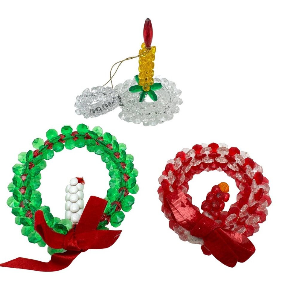 Handmade Christmas Candle Wreath Ornaments Plastic Bead Red Green White 3 Pc Vtg